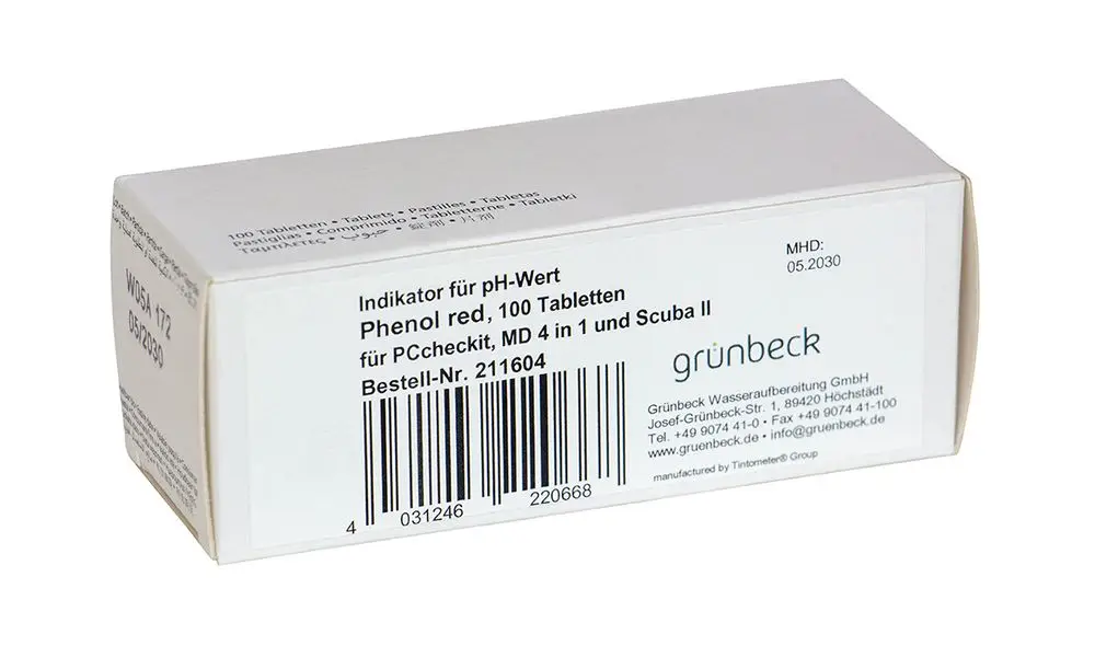 Verpackung mit 100 Tabletten zur pH-Wert-Überprüfung, hergestellt von Grünbeck. Gebrauchsanweisung und Seriennummer auf der Rückseite.